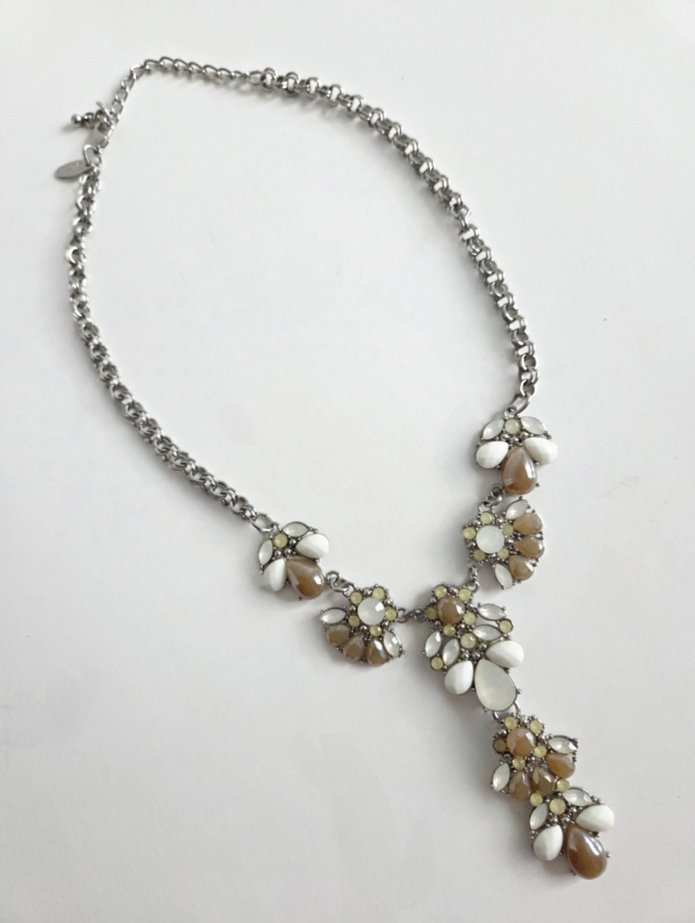New York & Company White and Taupe Statement Y-Necklace With Silver Chain - Picture 12 of 12